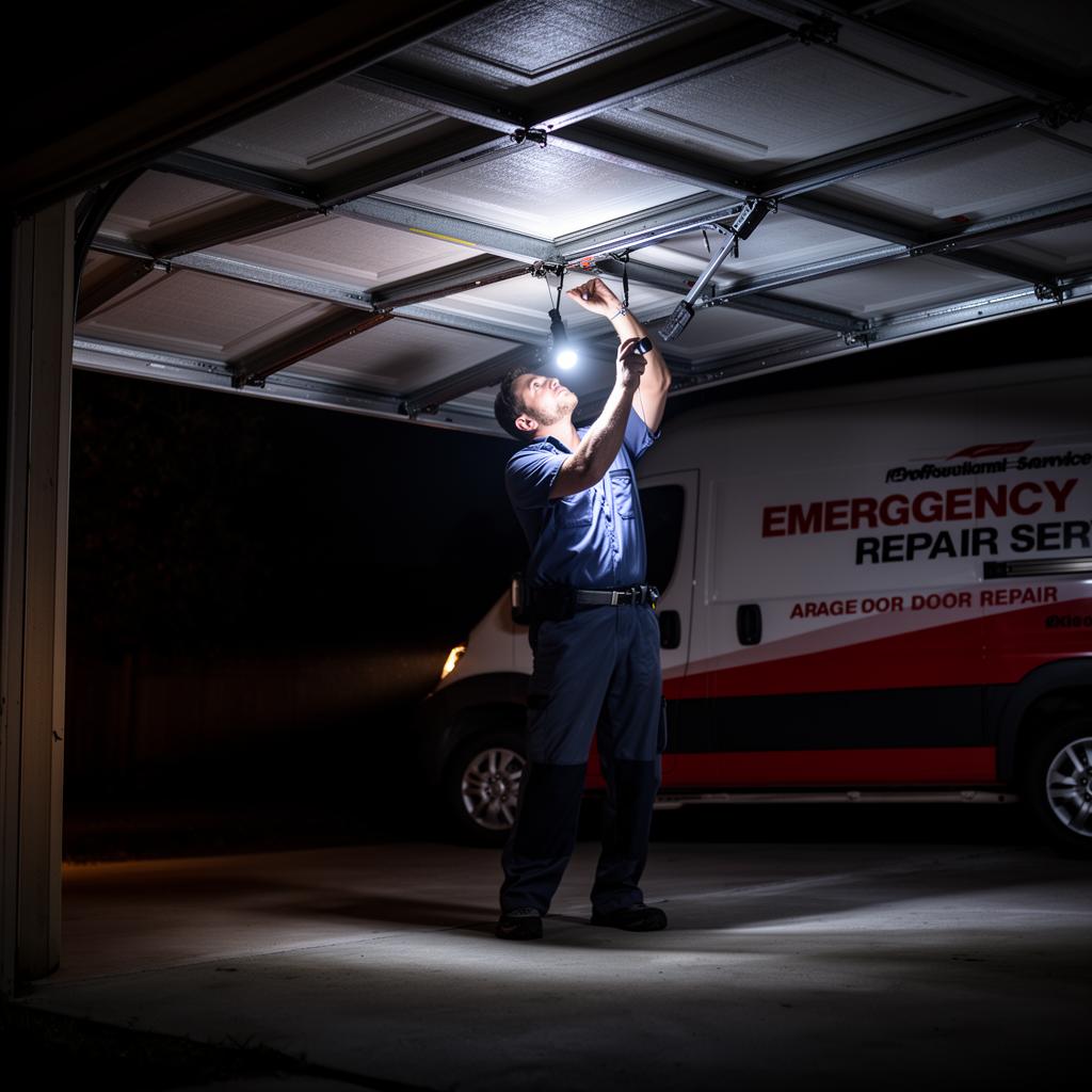 Emergency garage door repair service technician working at night