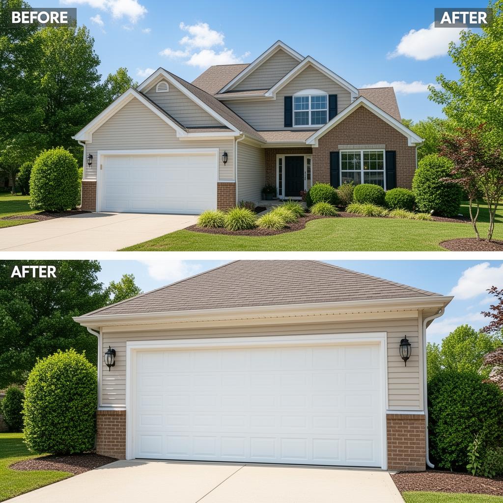 Before and after garage door installation showcasing quality workmanship